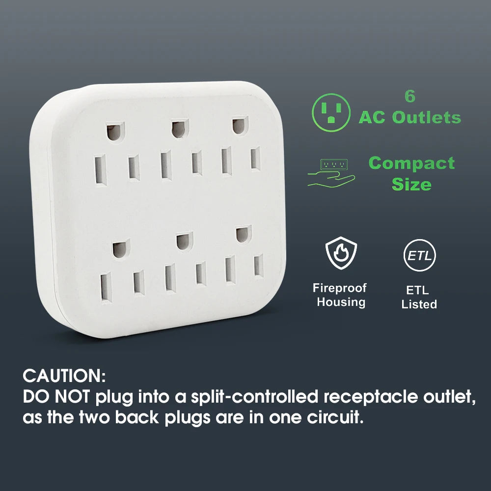 6 Outlet Extender Grounded Wall Adapter