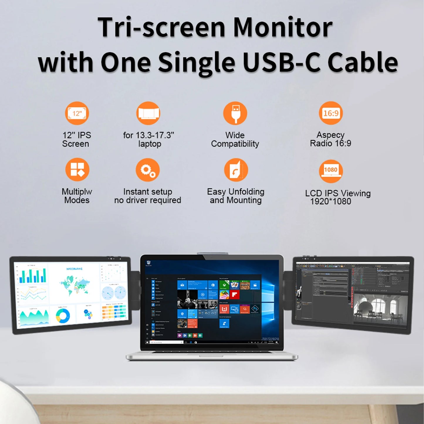 12 Inch Laptop Dual Monitor 1920*1080 HD IPS LCD Dual Monitor Screen